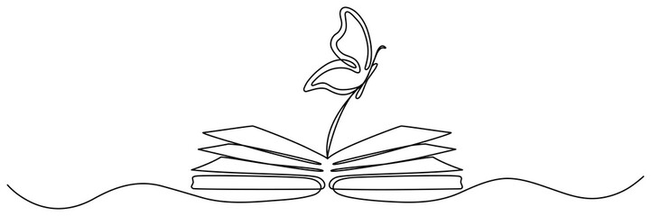 Poster - Flying butterfly with open book continuous one line drawn. Magic story concept. Vector illustration isolated on white.