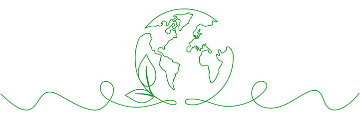 Poster - Planet Earth with leaves continuous line drawing. World map with curve line. Linear globe symbol. Vector illustration isolated on white.
