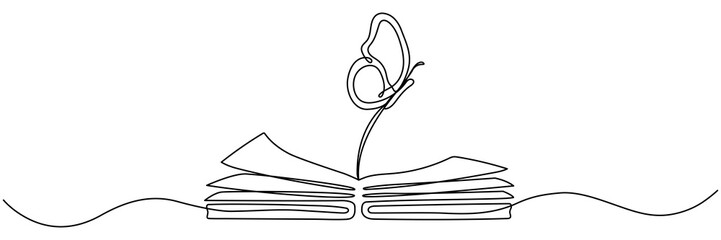 Poster - Flying butterfly with open book continuous one line drawn. Magic story concept. Vector illustration isolated on white.