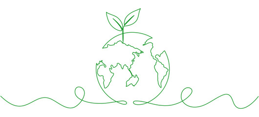 Poster - Planet Earth with leaves continuous line drawing. World map with curve line. Linear globe symbol. Vector illustration isolated on white.