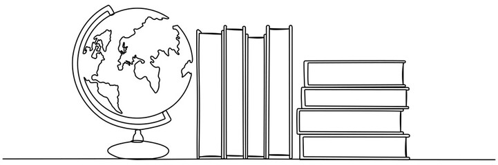 Poster - Books stack with globe continuous line drawing. Linear world map symbol. Education concept. Vector illustration isolated on white.