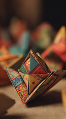 Fototapete - Close-up of colorful origami paper structure, intricate folds and patterns creating a complex geometric shape, showcasing detailed craftsmanship and artistic design