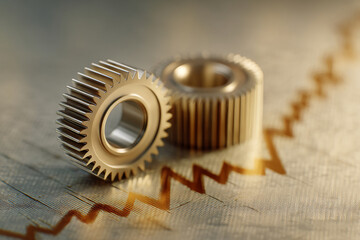 Poster - Close-up of golden gears on textured surface, showcasing interdependence and mechanism concept, ideal for business or technology themes