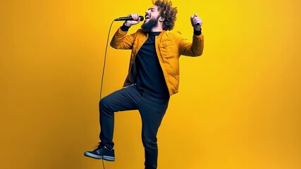 Poster - Energetic singer passionately singing into a microphone, illuminated by orange stage lights, creating a vibrant and captivating performance