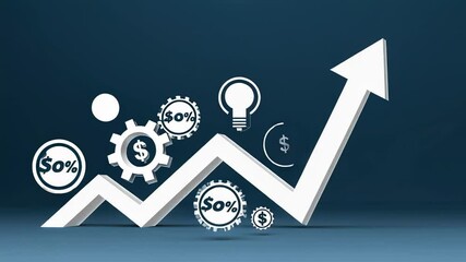Aufkleber - White upward trending arrow chart with fifty percent discounts, dollar coins, gears and light bulbs gradually appearing on a dark blue background
