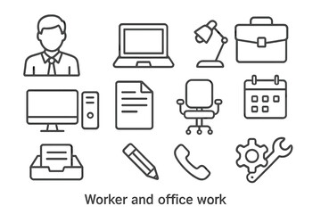 Poster - Set of minimalistic line style web icons representing worker and office tasks for digital design projects