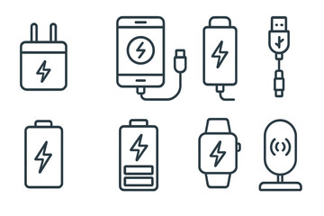 Aufkleber - Set of web icons featuring battery, charger, smartphone, smartwatch, and wireless charging in line style
