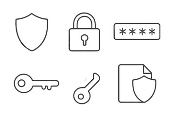 Fototapete - Set of line style web icons representing security features such as shields, locks, keys, and documents for online safety