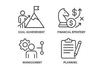Poster - Set of web icons depicting goal achievement, financial strategy, management, and planning in line style for digital applications
