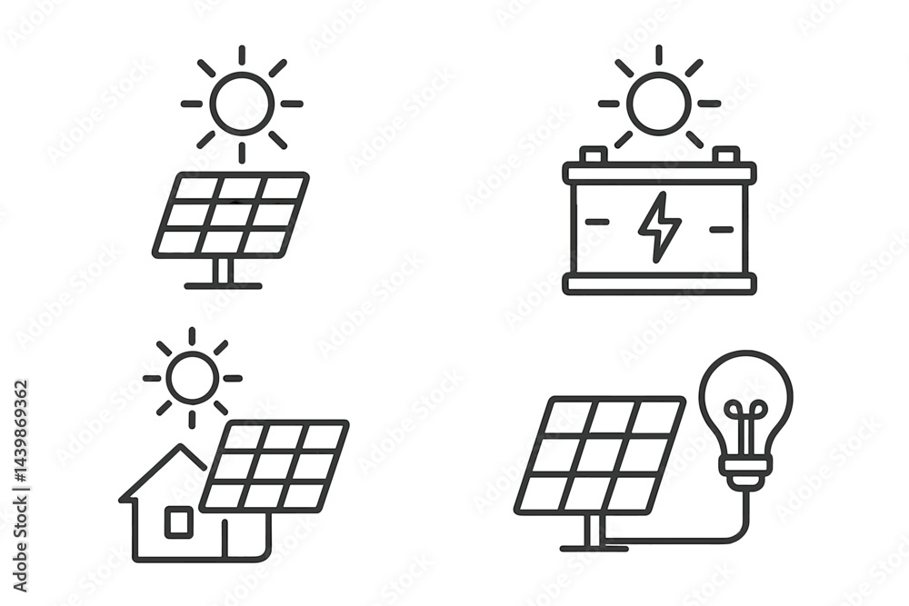 Set of web icons representing solar energy components in line style ...