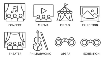 Leinwandbilder - Set of web icons in line style representing various entertainment activities and events including concert, cinema, and exhibition