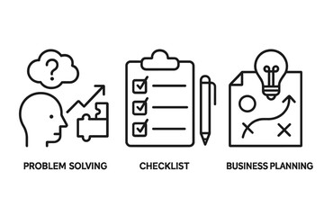 Poster - Set of web icons depicting problem solving, checklist, and business planning in a modern line style format for digital applications