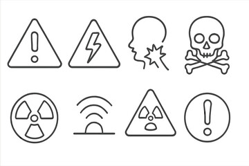Aufkleber - Collection of web icons showcasing various warning symbols and hazard signs in line art style for digital use