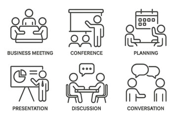 Poster - Set of web icons depicting business activities and meetings in line style for digital communication and planning purposes