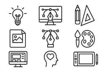Aufkleber - Collection of line style web icons depicting design, creativity, and technology tools for digital projects and online use