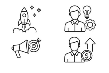 Fototapete - Collection of web icons illustrating business concepts including launch, ideas, marketing, and growth in line style design