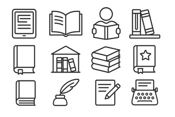 Leinwandbilder - Collection of web icons depicting various reading and writing tools in line style for educational purposes
