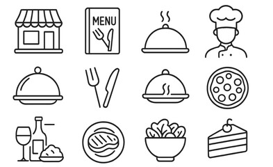 Poster - Collection of web icons representing dining elements in line art style for restaurant and food services
