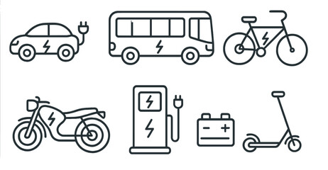 Aufkleber - Collection of electric vehicle icons in line style displaying cars, buses, bikes, and scooters with charging symbols