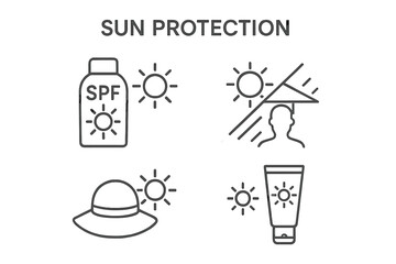 Leinwandbilder - Web icons illustrating sun protection methods including SPF lotion, hats, and shade