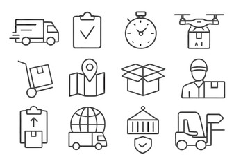 Poster - Collection of web icons depicting logistics, delivery, and transportation activities in a minimalist line style