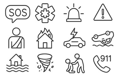 Poster - Collection of line style web icons representing emergency situations and assistance