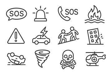 Poster - Set of line style web icons representing emergency and safety symbols for informative digital design