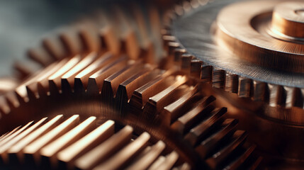 Poster - Close-up of bronze gears, intricate metallic texture, showcasing precision engineering, symbolizing complex systems, mechanics, and industrial processes