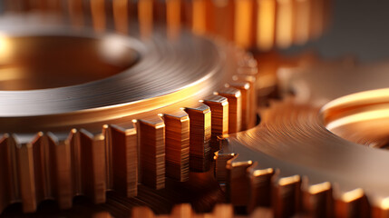 Poster - Close-up of bronze gears intermeshing, showcasing intricate detail and metallic texture, representing precision, mechanics, and industry, ideal for engineering or technology concepts