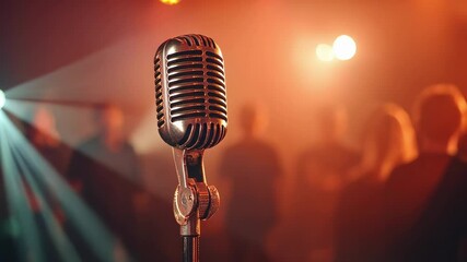Poster - Wireless microphone stands ready on stage, illuminated by warm lights, anticipating a performance before a large, out of focus audience, creating a captivating atmosphere of anticipation