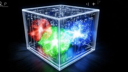 Poster - Holographic cube showcasing advanced science concepts in a creative lab setting