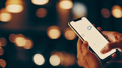 Aufkleber - Social media notification experience showing hands gripping smartphone with glowing heart icons emerging against blurred background lighting, symbolizing digital engagement and emotional connection