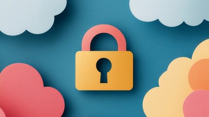 Poster - Colorful Digital Lock Graphic Overlaying Background with Clouds and Vibrant Design Elements