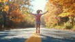 © nangruthai - Joyful Girl Running Autumn Road  Happy Child Fall Fun