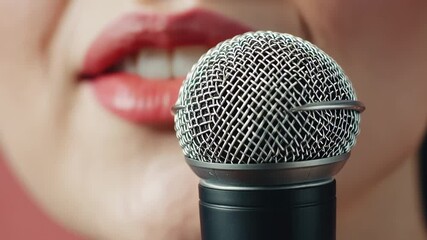 Poster - Professional singer delivering passionate vocal performance. Capturing intense emotional expression while singing into microphone during live music event with close focus on mouth and vocal dynamics