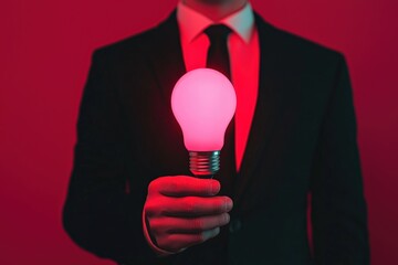 Poster - Businessman holding glowing light bulb symbolizing innovation and digital transformation