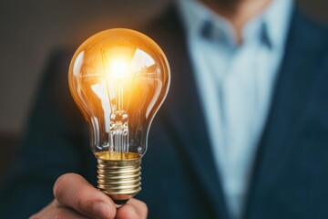 Poster - Businessman holding illuminated light bulb symbolizing innovation