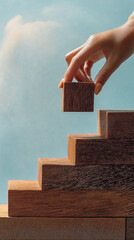 Poster - Hand placing wooden cube atop staircase against sky backdrop, symbolizing growth, progress, or achievement