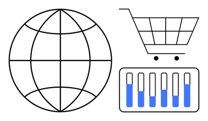Poster - globe representing connectivity, shopping cart symbolizing online retail, bar graph for data analysi