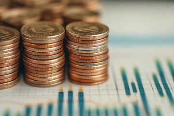 Poster - Stacked coins on financial charts symbolizing economic growth