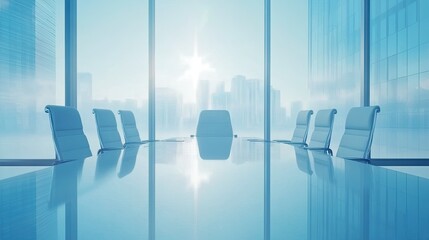 serene boardroom with a reflective table overlooking an urban skyline