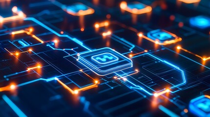 Poster - Abstract Glowing Circuit Board with Integrated Microprocessor