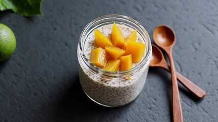 Poster - Glass jar of chia seed pudding topped with fresh mango slices, accompanied by two wooden spoons on a dark textured surface, garnished with lime and green leaves