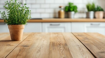 Poster - Empty wooden table with thyme plant in cozy kitchen