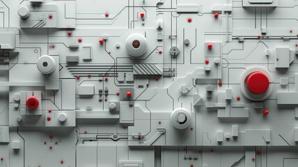 Fototapete - Abstract art of cityscape with red spheres and geometric patterns. Modern and futuristic design with a monochrome background. Architecture and urban concept. Geometric shape with white and red. AIG53.
