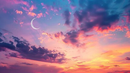 Poster - The picture of the crescent moon in the clear blue sky also surrounded with cloud, the crescent moon is a phase of moon characterized by curved sliver of illumination resembles crescent shape. AIG51.