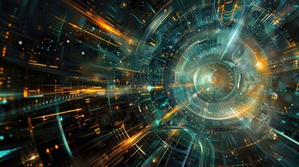 Poster - Digital tunnel with bright light and colorful pixels. Digital artwork of circle shape and portal with vibrant glowing color. Abstract image design. Technology innovation and sci-fi concept. AIG53.