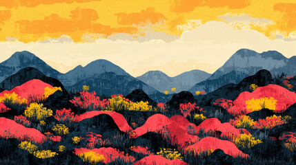 Wall Mural - vibrant nature illustration displaying rolling hills under a beautiful sky with room for copy space,