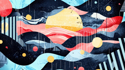 Poster - Unique artistic illustration featu a creative space with copy availability showcasing vibrant prints and m style, with abstract shapes and colorful design elements.