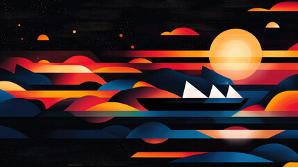 Wall Mural - a tranquil illustration of a boat sailing toward a bright sunrise on a calm beach with vibrant color